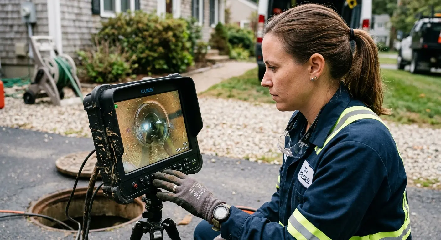 Technician reviewing sewer camera inspection footage in Hingham