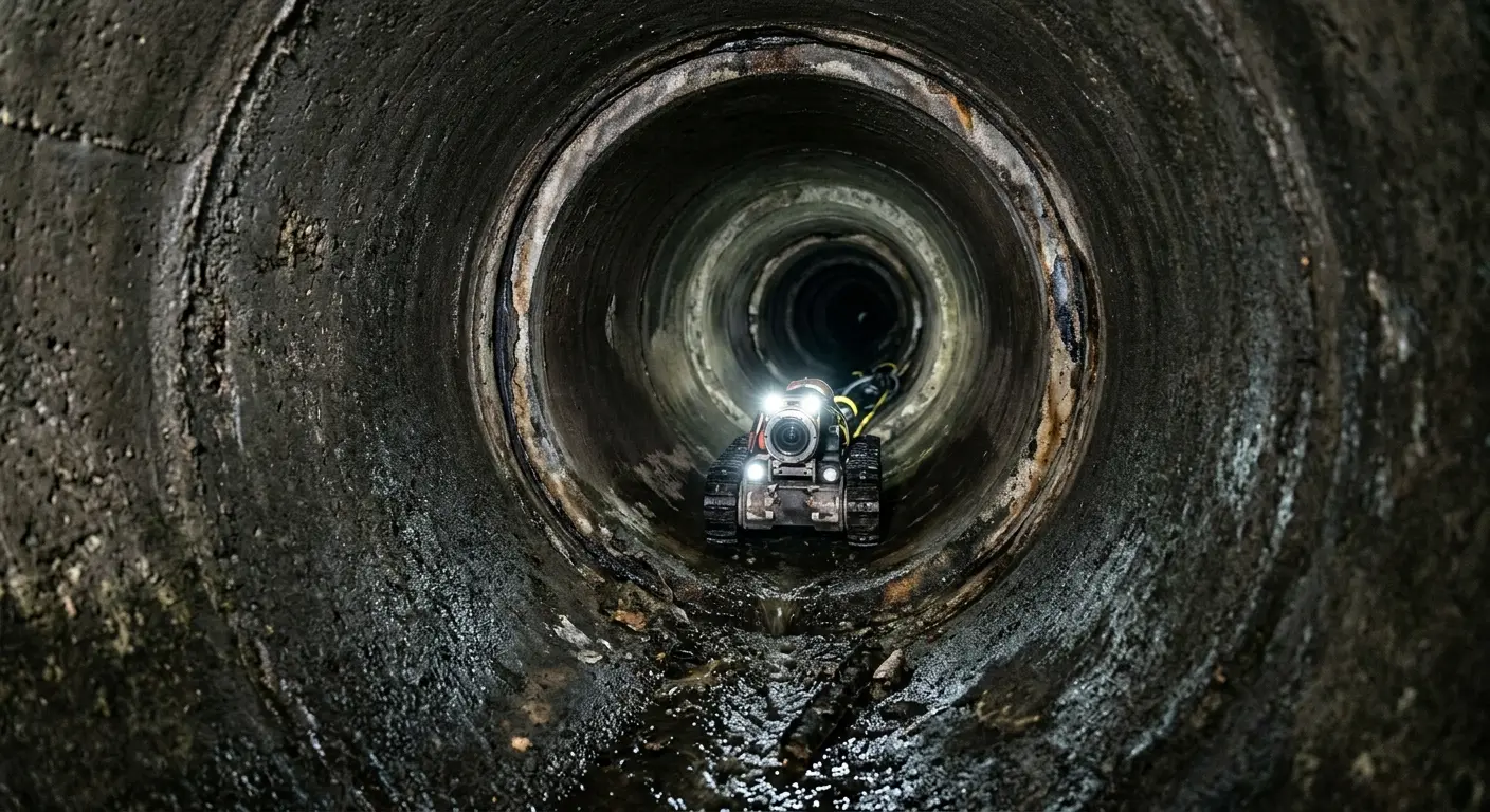 Robotic sewer camera inspecting pipe interior for Sewer Line Cleaning in Hingham