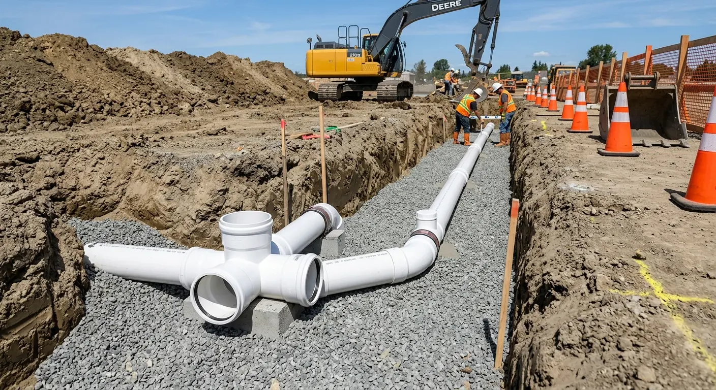 New PVC sewer pipe installation in open trench for Commercial Drain Cleaning in Hingham